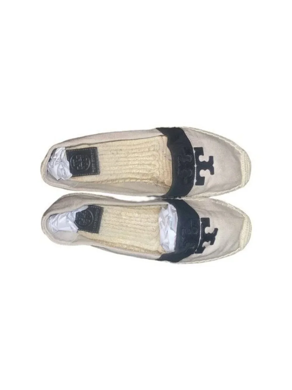 Tory Burch Weston Flat Espadrille Natural Canvas Black/Beige Logo Shoes Size 9